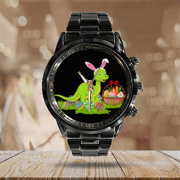 Discover Funny Easter Egg Hunting Bunny Brontosaurus Dinosaur Easter Calendar Steel Band Watch