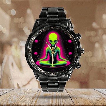 Discover Alien Zen EDM UFOs Cool Alien SciFi Yoga 4 Zip Calendar Steel Band Watch