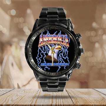 Discover American Bald Eagle Let Freedom Ring Lightning Bolt Baseball Tees Calendar Steel Band Watch