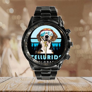 Discover Beagle Winter Skis Telluride Colorado Dog Lover Baseball Tees Calendar Steel Band Watch