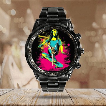 Discover Funny Mona Lisa Skateboarding Cool Retro Y2K EDM 3 Calendar Steel Band Watch