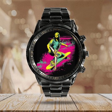 Discover Funny Mona Lisa Skateboarding Cool Retro Y2K EDM 1 Calendar Steel Band Watch
