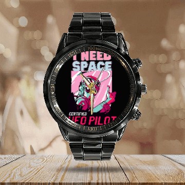 Discover Funny Alien UFO Pilot I Need Space Calendar Steel Band Watch