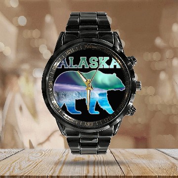 Discover Alaskan Bear Northern Lights Aurora Borealis Nature Sky 1 Calendar Steel Band Watch