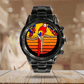 Discover Bird Watching Jungle Animal Lover Retro Macaw Parrot Calendar Steel Band Watch