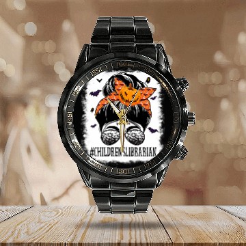Discover Childrens Librarian Messy Bun Spooky Bat Orange Halloween Calendar Steel Band Watch