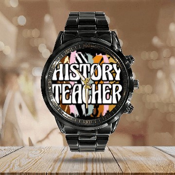 Discover History Teacher Leopard Print Zip Calendar Steel Band Watch