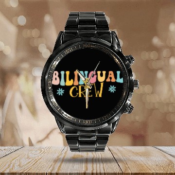 Discover Bilingual Crew Spanish Teachers Dual Language Preppy Calendar Steel Band Watch