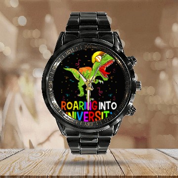 Discover Student University TRex Dinosaur Back To School Baseball Tees Calendar Steel Band Watch