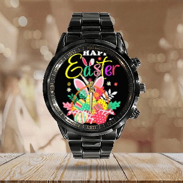 Discover Happy Easter Egg Basket Bunny Ears Calendar Steel Band Watch