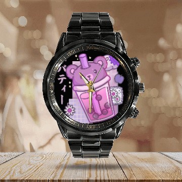 Discover Boba Tea Bear Bubble Tea Plum Kawaii Anime Bear Calendar Steel Band Watch