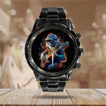 Discover Funny Guitar Lover Chimpanzee Playing Electric Guitar Rock Baseball Tees Calendar Steel Band Watch