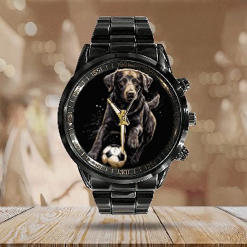 Discover Sport Soccer Brown Labrador Playing Soccer Calendar Steel Band Watch