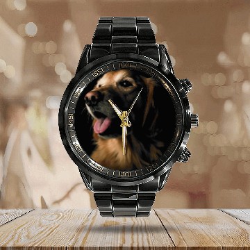 Discover Golden Retriever Pet Face Zip Calendar Steel Band Watch