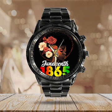 Discover Juneteenth 1865 Black Queen Magic Afro Hair With Flowers Calendar Steel Band Watch