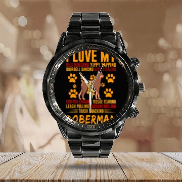 Discover Doberman Pet I Love My Trash Snacking Funny Doberman Zip Calendar Steel Band Watch