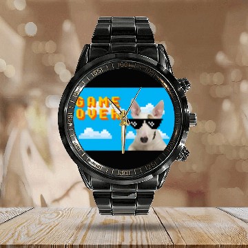 Discover Bull Terrier Pet 8Bit Game Over Calendar Steel Band Watch