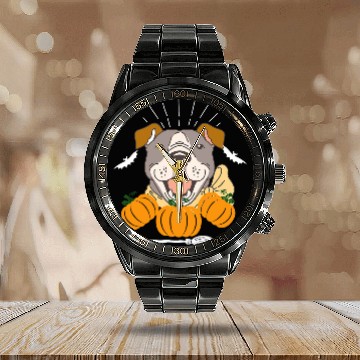 Discover English Bulldog Pet Pumpkin Halloween 2 Baseball Tees Calendar Steel Band Watch
