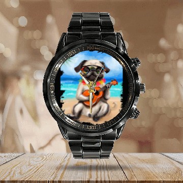 Discover Funny Ukulele Hawaiian Aloha Dog Pug Playing Ukulele Beach Baseball Tees Calendar Steel Band Watch