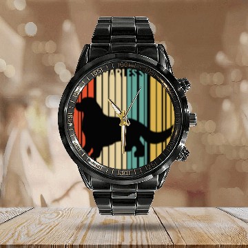 Discover Cavalier King Charles Spaniel Pet Retro 1970s Dog Silhouette Calendar Steel Band Watch