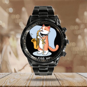 Discover Funny Saxophone Hilarious cat plays saxophone Calendar Steel Band Watch