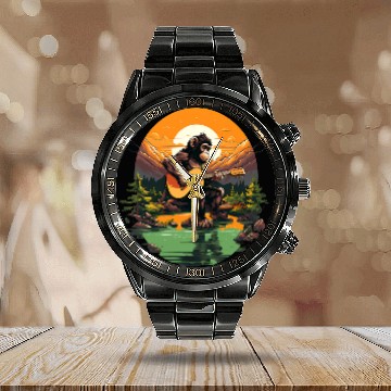 Discover Funny Guitar Lake Mountain Acoustic Guitar Chimpanzee Baseball Tees Calendar Steel Band Watch