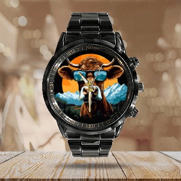 Discover A Cow with Glasses in the Mountains 21 Zip Calendar Steel Band Watch