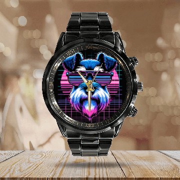 Discover Schnauzer Pet Vaporwave Synthwave Mini Schnauzer Retro Miniature Zip Calendar Steel Band Watch