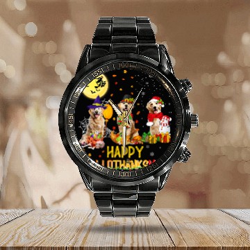 Discover Golden Retriever Pet Wizard Turkey Santa Happy Hallothanksmas Calendar Steel Band Watch