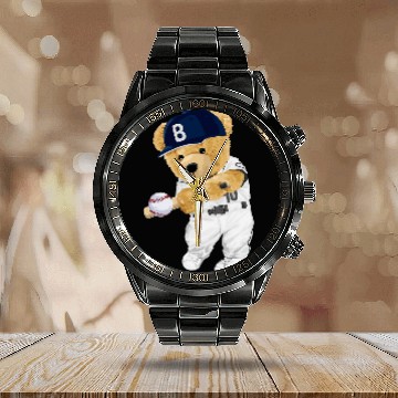 Discover Sport Baseball Cute teddy bear baseball hitter Calendar Steel Band Watch