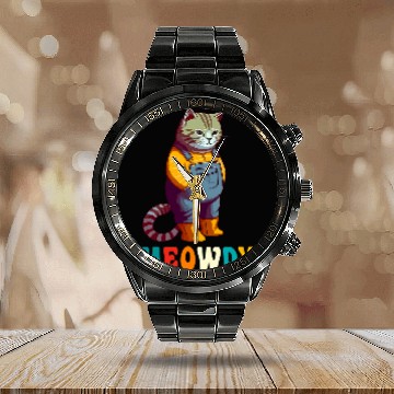 Discover Funny Cat Farmer Meme Meow Howdy Meowdy Calendar Steel Band Watch