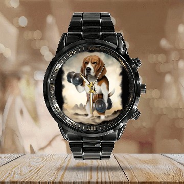 Discover Beagle Pet Muscle Training Weightlifting with Dumbbell Calendar Steel Band Watch