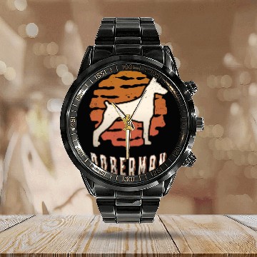 Discover Doberman Pet Pinscher vintages Retro Classic Dog Sunset Calendar Steel Band Watch