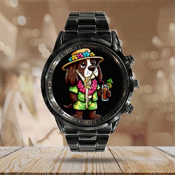 Discover English Springer Spaniel Pet Hawaiian Funny Dog Vacation Baseball Tees Calendar Steel Band Watch
