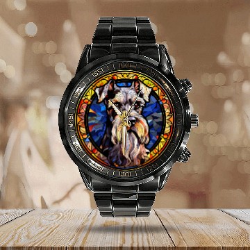 Discover Schnauzer Pet Stained Glass Leadlight Artistic Calendar Steel Band Watch