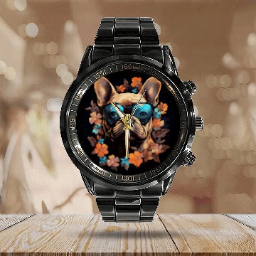 Discover French Bulldog Pet with Flowers Zip Calendar Steel Band Watch