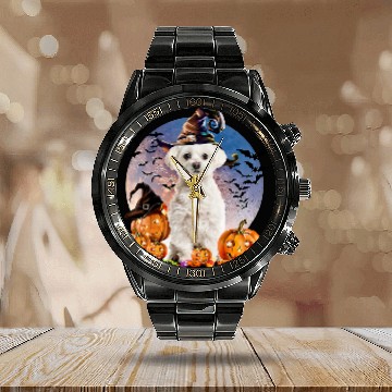 Discover Maltese Pet Halloween Maltese Jack O Lantern Pumpkin Moon 71 Calendar Steel Band Watch