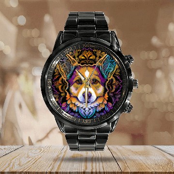 Discover Corgi Pet Dog Face and Head Colorful Mandala Pattern Corgi Calendar Steel Band Watch