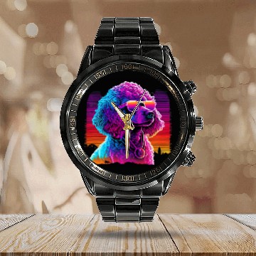 Discover Poodle Pet Synthwave vintages Retrowave Calendar Steel Band Watch