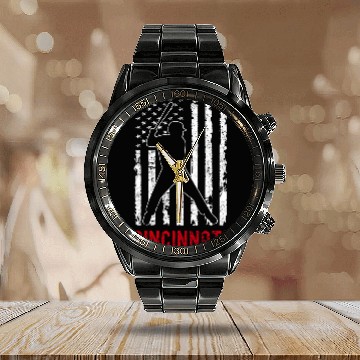 Discover Sport Baseball Cincinnati Ohio American Flag Baseball Weathered Calendar Steel Band Watch