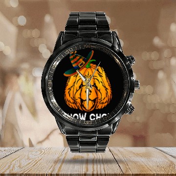 Discover Chow Chow Pet Pumpkin Halloween Costume Dog Witch Hat Funny Calendar Steel Band Watch