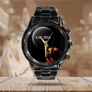 Discover Newfoundland Pet Total Solar Eclipse 4.08.24 Newfoundland Dog With Glasses Calendar Steel Band Watch