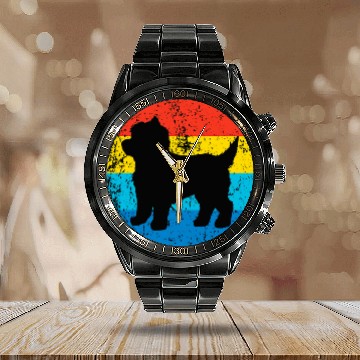 Discover Cairn Terrier Pet Breed Silhouette Retro 1970s Circle Calendar Steel Band Watch