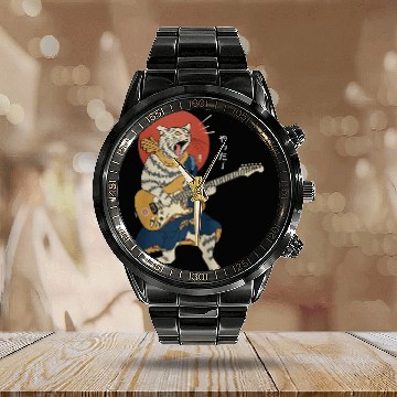 Discover Funny Guitar Cat Playing Guitar Ukiyoe Samurai Japanese Warrior Baseball Tees Calendar Steel Band Watch
