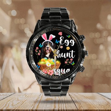 Discover Bernese Mountain Pet Happy Easter Day Colorful Egg Hunt Squad Zip Calendar Steel Band Watch
