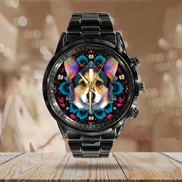 Discover Corgi Pet Dog Face Colorful Mandala Rainbow Yoga Pattern 3 Calendar Steel Band Watch