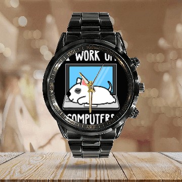 Discover Bull Terrier Pet I Work On Computer Dog Sleep Puppy Lovers Calendar Steel Band Watch