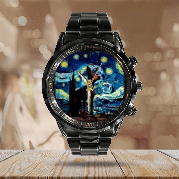 Discover Miniature Pinscher Pet in starry night van gogh Calendar Steel Band Watch