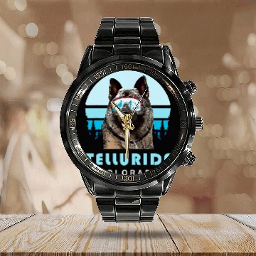 Discover Elkhound Pet Ski Telluride Colorado Calendar Steel Band Watch