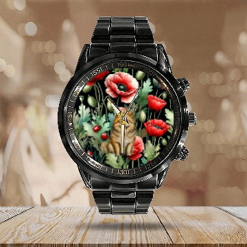 Discover Pomeranian Red Poppy Ladybug vintages Flowers Calendar Steel Band Watch